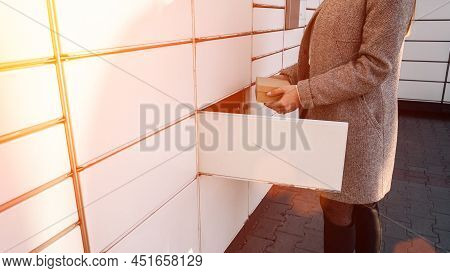 Postal Terminal. Post Delivery Automat Service And Hands With Parcel Courier Box. Mail Delivery And 