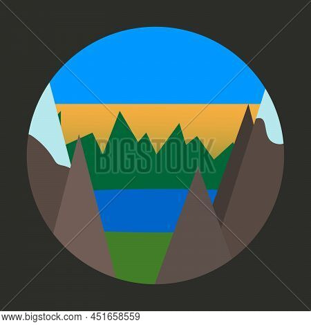 Land Logo Illustration In A Circle. On Dark Background. Colored Paint Of Land. Mountain And Lake. Fo