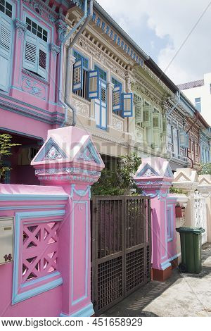 Singapore- Mar 26, 2020: Colorful Peranakan Heritage Residential House At Joo Chiat Road In Singapor