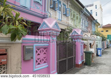 Singapore- Mar 26, 2020: Colorful Peranakan Heritage Residential House At Joo Chiat Road In Singapor