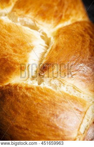 Beautiful Three Braid Golden Baked Bread With Egg Wash. Challah Is A Special Bread Of Ashkenazi Jewi