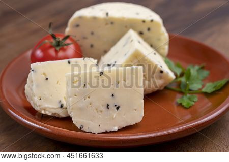 Traditional Polish White Cheese With Black Chives Seeds Made In North Poland In Kaszebe Area Near Gd