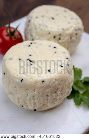 Traditional Polish White Cheese With Black Chives Seeds Made In North Poland In Kaszebe Area Near Gd