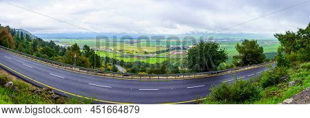 Panoramic View Of Road 899 And The Landscape Of The Hula Valley, On A Foggy Winter Day. Northern Isr