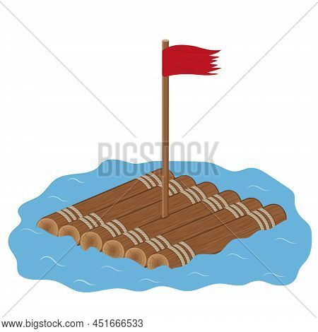 Wooden Raft With Flag, Color Isolated Vector Illustration In Cartoon Style.