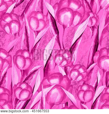 Seamless Floral Pattern With Multi-colored Tulip Flowers, Leaves And Petals On A Violet Background. 