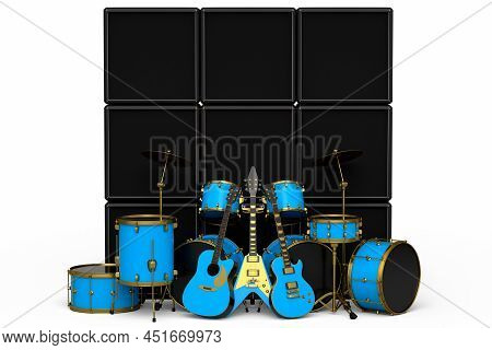 Set Of Realistic Drums With Metal Cymbals, Amplifier And Acoustic Guitars