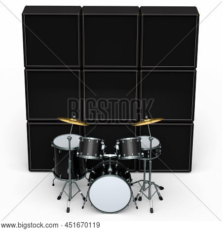 Set Of Realistic Drums With Metal Cymbals Or Drumset And Amplifier On White