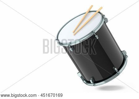 Realistic Drum And Wooden Drum Sticks On White. 3D Render Of Musical Instrument