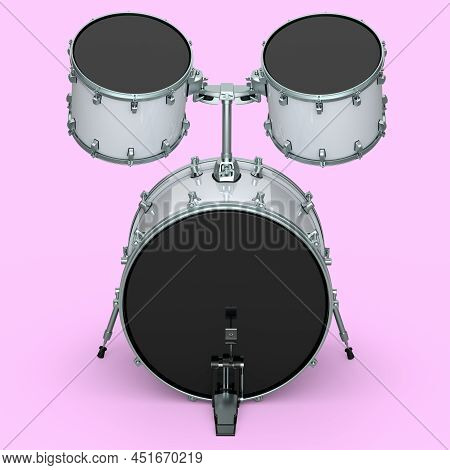 Set Of Realistic Drums With Pedal On Pink. 3D Render Of Musical Instrument