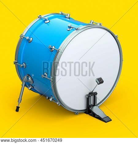 Realistic Drum With Pedal On Yellow Background. 3D Render Of Musical Instrument