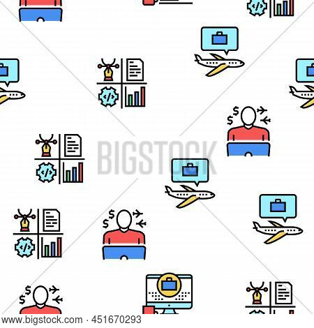 Digital Nomad Worker Vector Seamless Pattern Thin Line Illustration