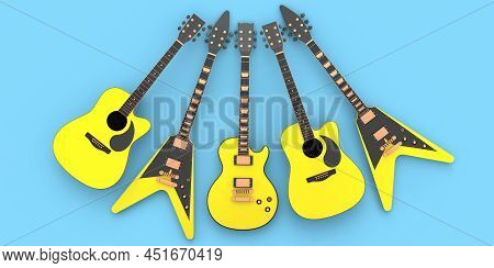 Set Of Electric Acoustic Guitar Isolated On Blue Background.