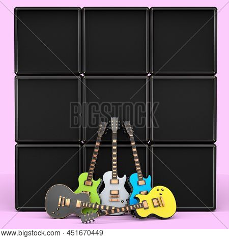 Set Of Electric Acoustic Guitar And Amplifier On Pink Background.