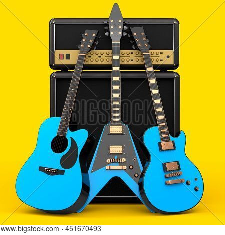 Set Of Electric Acoustic Guitar And Amplifier On Yellow Background.