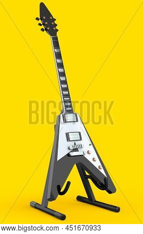 Electric Acoustic Guitar On Stand Isolated On Yellow Background.