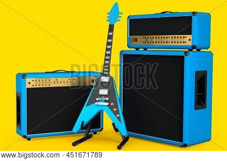 Classical Amplifier With Acoustic Guitar On Stand Isolated On Yellow Background.