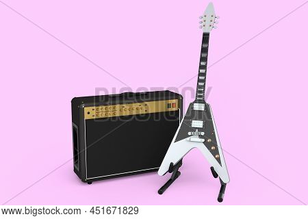 Classical Amplifier With Acoustic Guitar On Stand Isolated On Pink Background.
