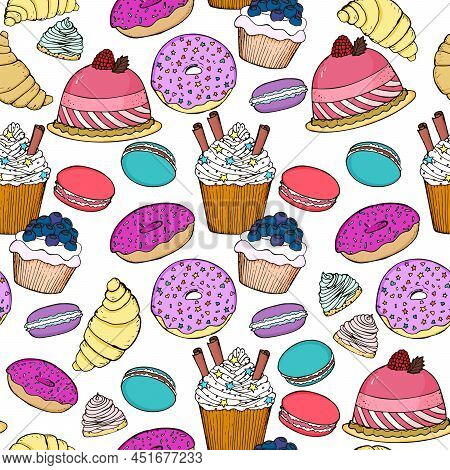 Sweet Food Desserts Doodle Set. Collection Of Pasticceria Food Hand Drawn. Vector Illustration