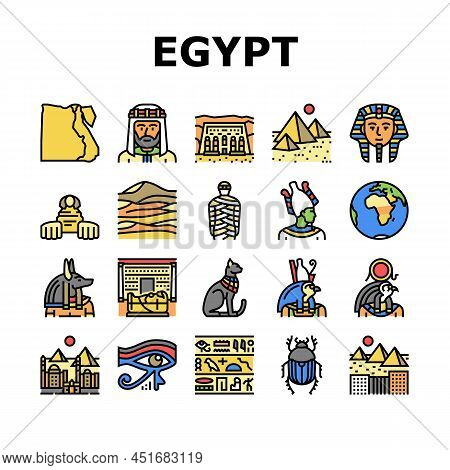 Egypt Country Monument Excursion Icons Set Vector. Egypt Pyramid And Sphinx Antique Construction, Ph