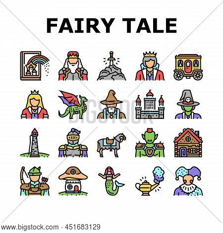Fairy Tale Magical Story Book Icons Set Vector. Fairy Tale Witch And Goblin, Kingdom Castle Building