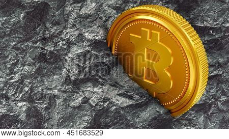 Gold Bitcoin Btc Bit Coin, Bitcoin Cryptocurrency Stack Of Golden Coins, Bitcoin Mining Concept. 3d 