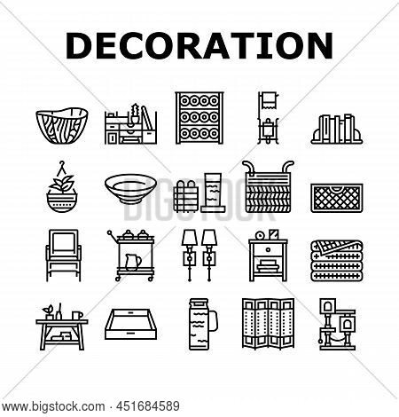 Home Decoration And Furniture Icons Set Vector. Bookends And Rattan Patio Home Decoration, Noodle An