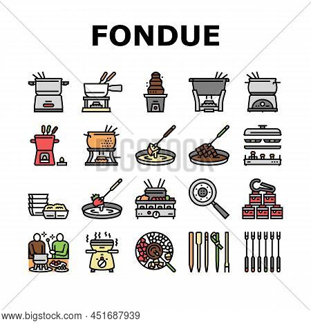 Fondue Cooking Delicious Meal Icons Set Vector. Cheese And Chocolate Tasty Dish Prepared In Warmer K