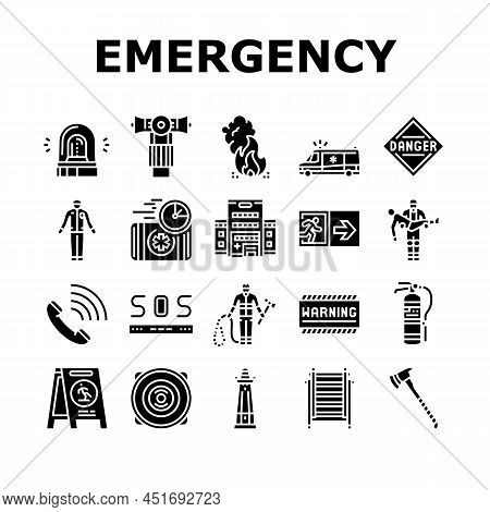 Emergency Helping In Accident Icons Set Vector. Policeman And Firefighter Urgency Help People, Bell 