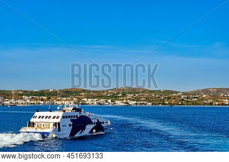 Milos, Greece - May 26, 2019: Seajets Superjet Ferry Heading To Port Of Milos Island, Greece.