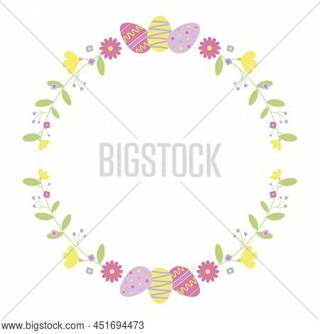 Circle Frame With Easter Holiday Decoration. Easter Eggs Vector Illustration.