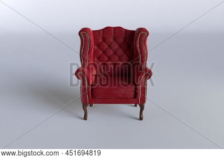 Red Velvet Wing Chair On White Background, 3d Rendering