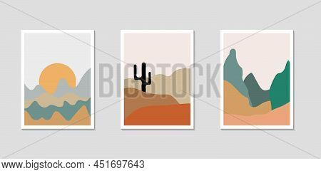 Bohemian Wall Poster Collection. Abstract Landscape And Forest. Cactus In Desert. Simple Art Design.