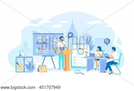Man Makes A Report In Front Of A Team. Business Data Reporting, Consulting, Analytics, Credit Report