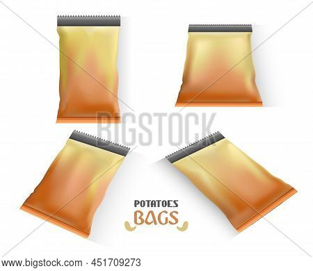 Mockup Of A Bag Of Potatoes, 4 Views. Unbranded Spicy Potato Bags