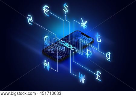 Cbdc Central Bank Digital Currency Banner, Futuristic Smartphone With Symbols Of Fiat Currencies Of 