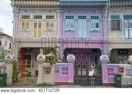 Singapore- Mar 26, 2020: Colorful Peranakan Heritage Residential House At Joo Chiat Road In Singapor