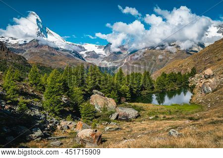 One Of The Most Famous Hiking Destination And Misty Matterhorn View From The Grindjisee Lake, Zermat