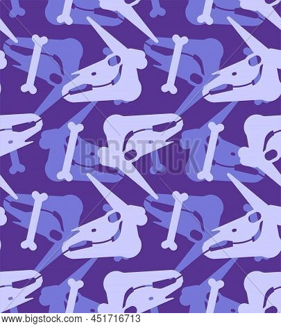 Unicorn Skull Pattern Seamless. Magic Horse With Horn Cranium Background. Vector Texture