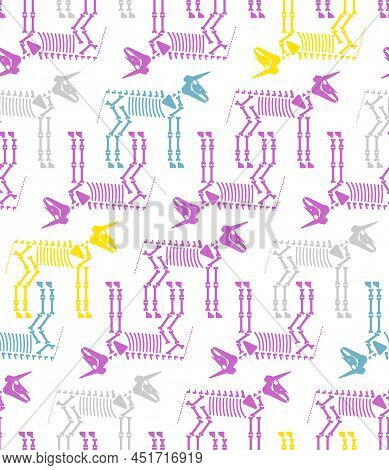 Unicorn Skeleton Pattern Seamless. Magic Horse With Horn Skull Background. Vector Texture