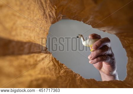 A Hand Places A Goose Figurine In A Paper Bag. A Mature Man's Hand Holds A Child's Toy Over An Open 