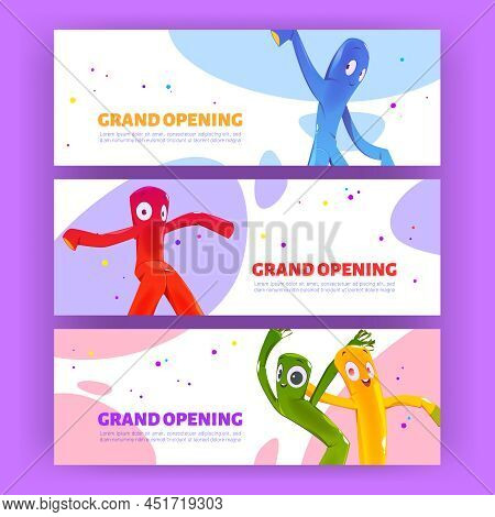 Grand Opening Posters With Dancing Inflatable Tube Men. Vector Horizontal Banners Of Event Launch Or