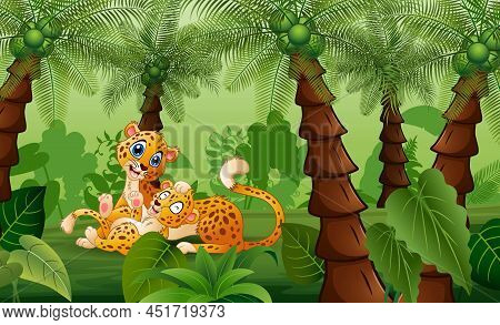 A Mother Cheetah With Cubs Playing In The Palm Jungle