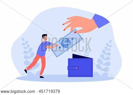 Female Hand Taking Away Money From Tiny Man. Person Holding Currency From Wallet Flat Vector Illustr
