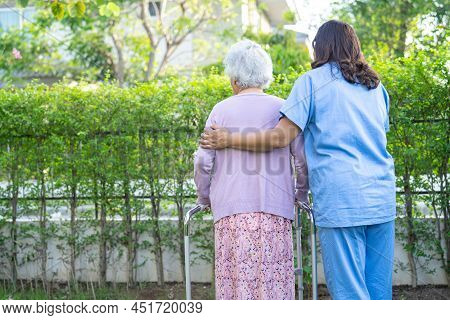 Doctor Help And Care Asian Senior Or Elderly Old Lady Woman Use Walker With Strong Health While Walk