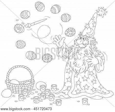 Old Wizard With A Big Beard Coloring And Decorating Easter Gift Eggs With A Magic Flying Paintbrush 