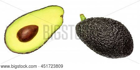 Fresh Avocado Isolated On White Background. Black Hass Avocado Closeup.