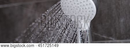 Splashing Water From A Mixer In A Bathroom For A Shower, Close-up. Clean Water, Plumbing
