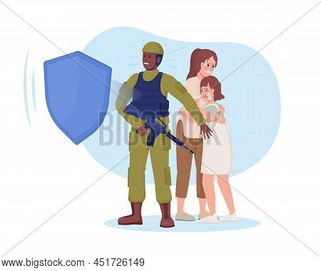 Militant Protecting Citizens 2d Vector Isolated Illustration. Scared People In Danger Flat Character