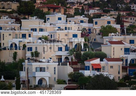 Village In Cyprus. Cottages In Cyprus City From A Birds Eye View. Resort Town At Foot Of The Mountai